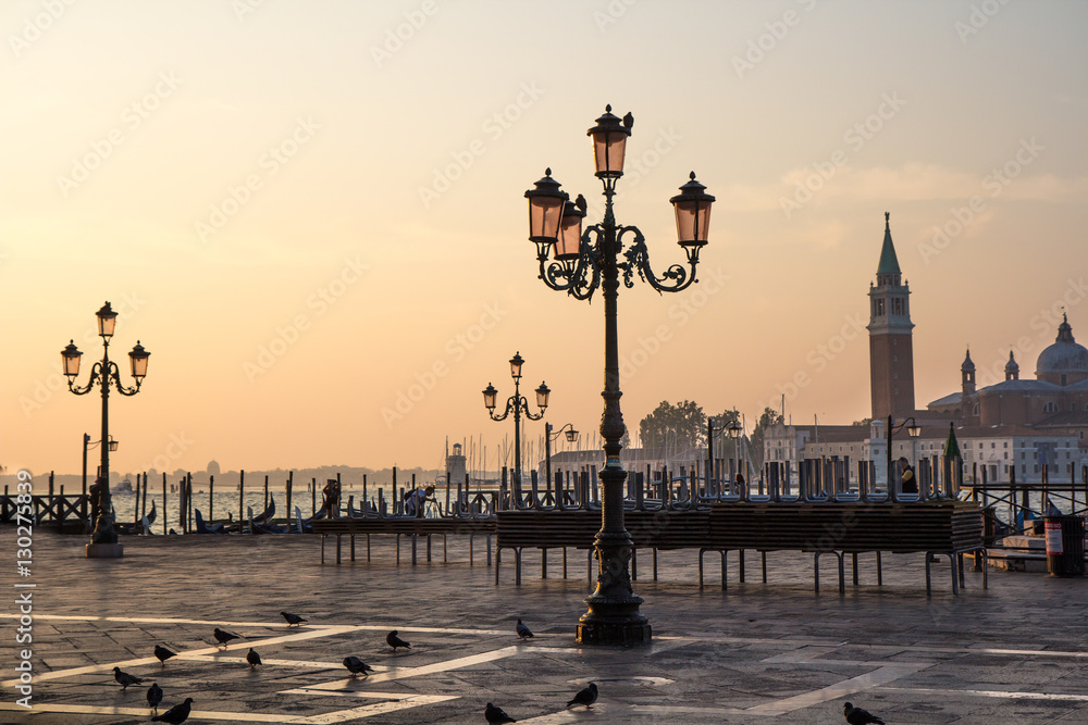 Traditional Venetian lamps at sunrise. Venice, Italy.