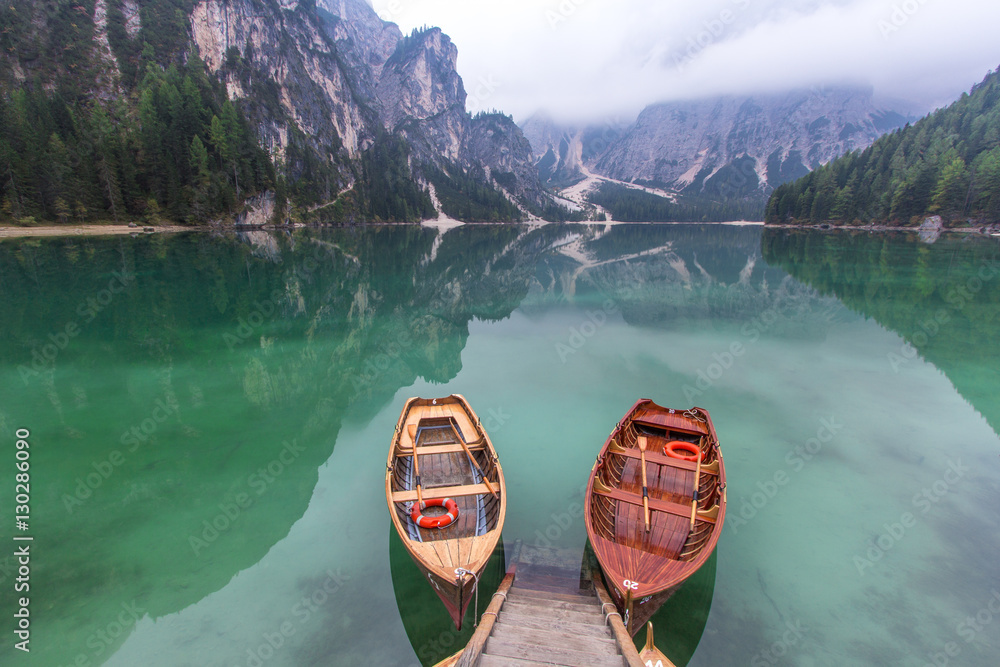 Stunning view of Lago di Braies. Dolomites, Italy.