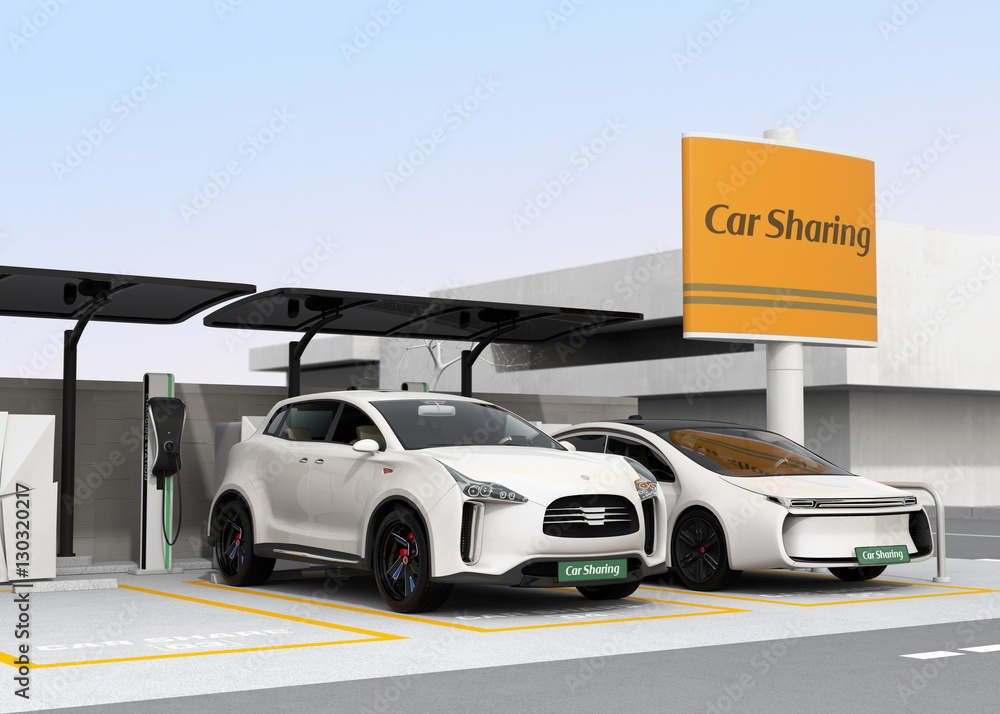 Car sharing station on the corner of the street. 3D rendering image.