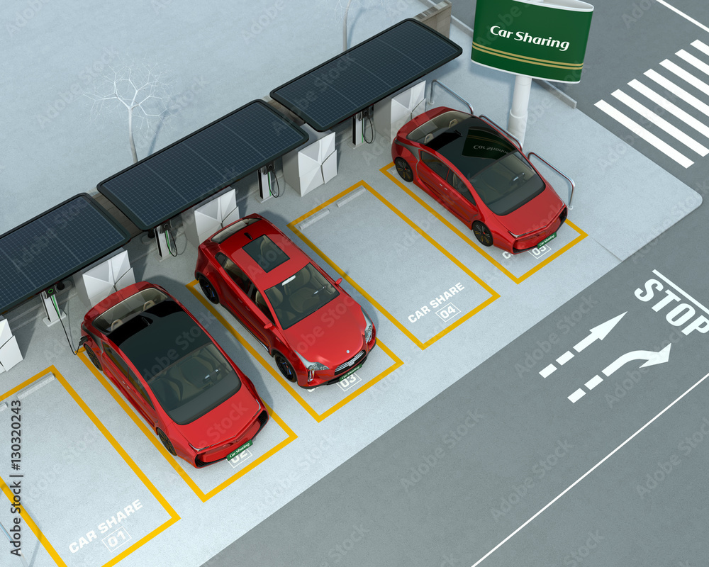 Car sharing station on the corner of the street. 3D rendering image.