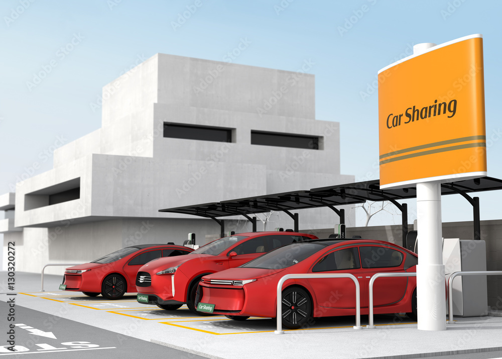 Car sharing station on the corner of the street. 3D rendering image.