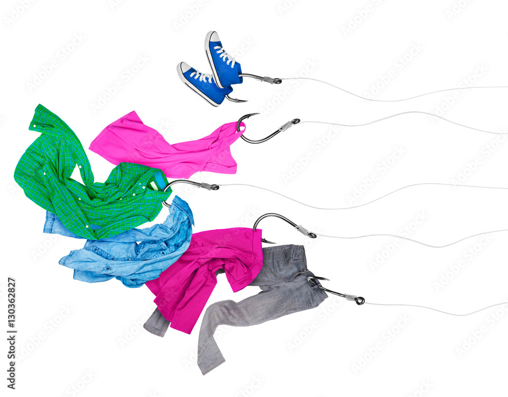 Clothing on fishing hooks isolated on white background. Conceptu