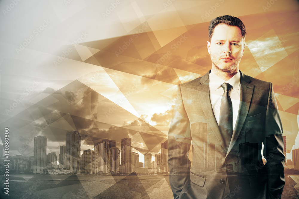 Businessman on abstract yellow city background