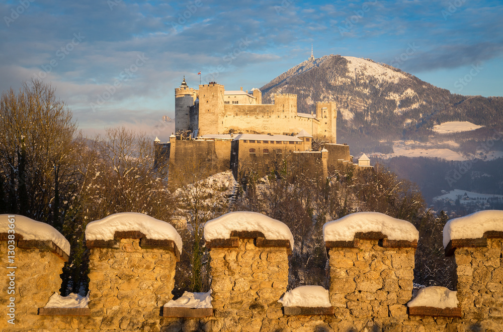 Hohensalzburg Fortress in winter sunset light, Salzburg, Austria