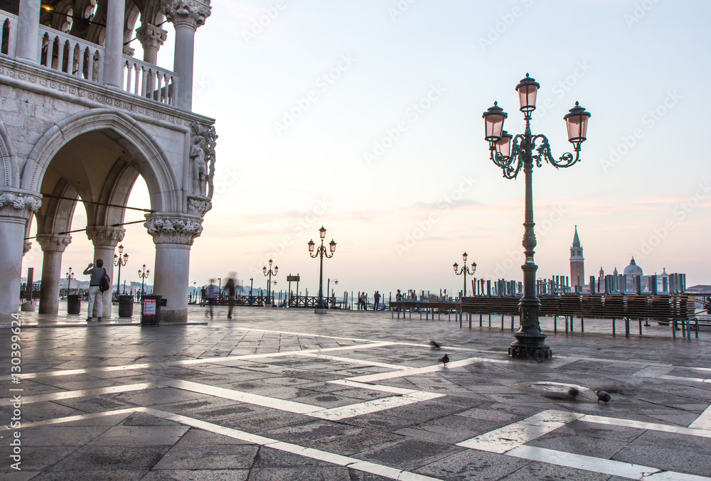 Empty St Marc square at sunrise in Venice, Italy.