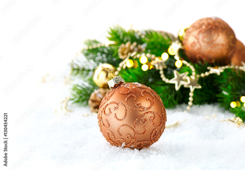 Christmas and New Year Decoration over white snow background