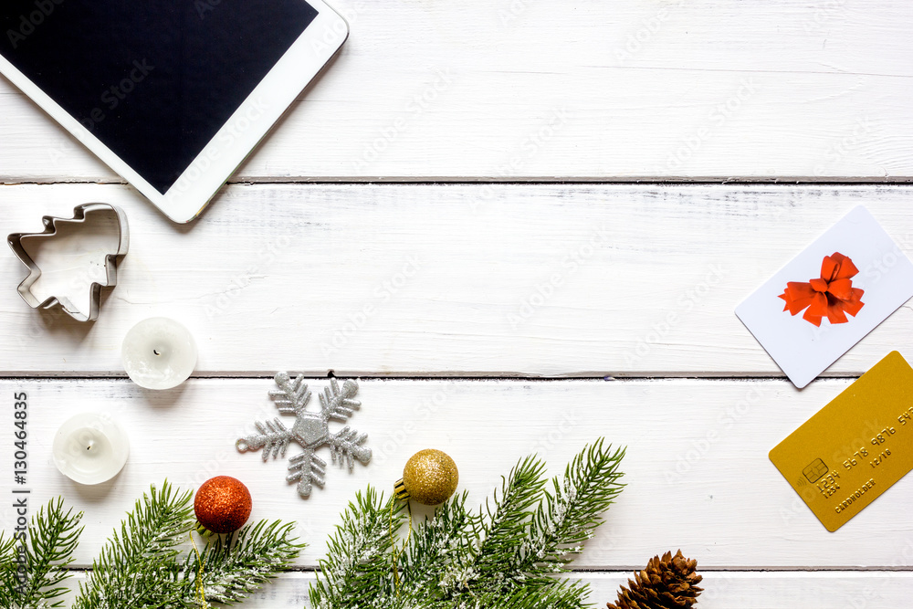 Online shopping for new year on wooden table top view