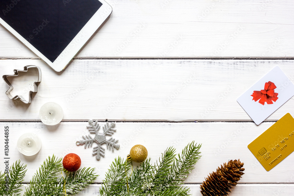 Online shopping for new year on wooden table top view