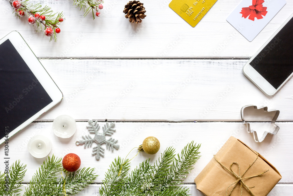 Online shopping for new year on wooden table top view