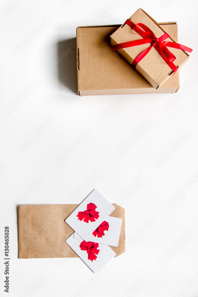 concept of gift cards on white background top view