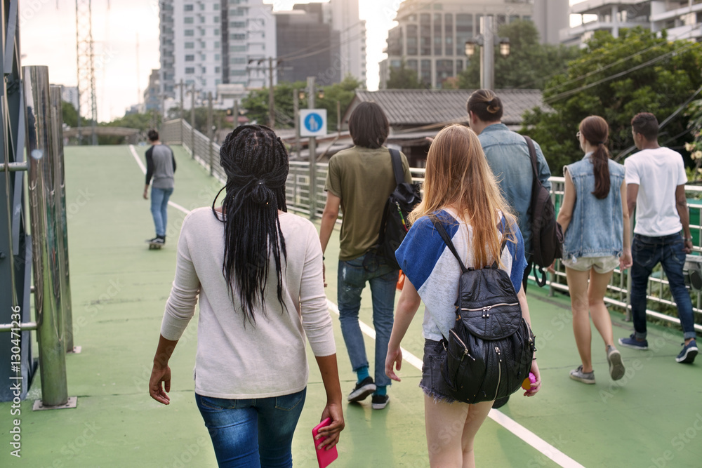 People Friendship Togetherness Rear View Walking Skateboard Yout