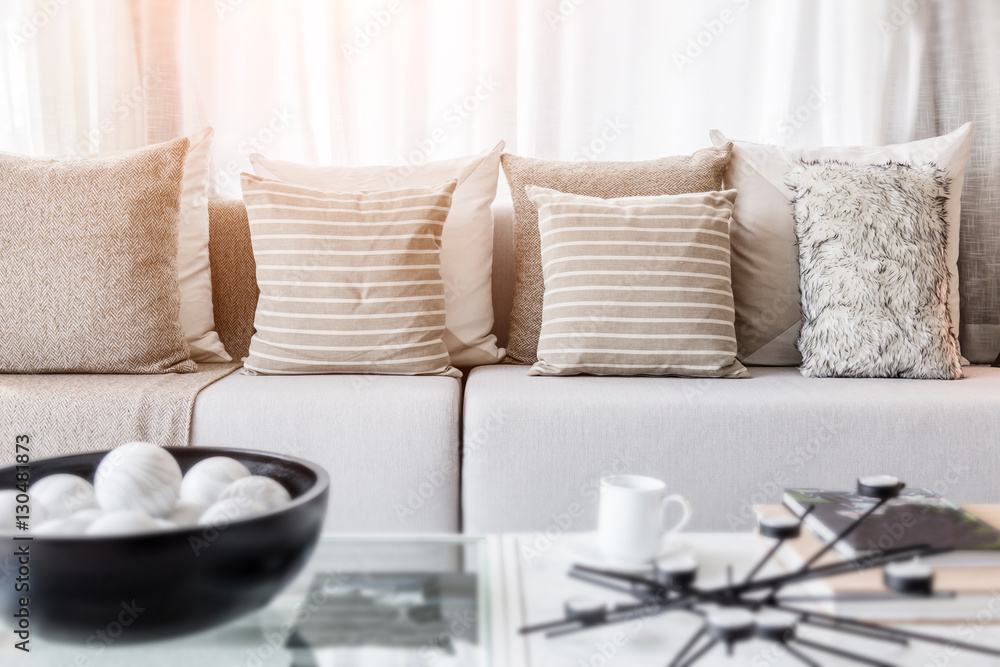 contemporary interior of Living room with part of sofa in sunny