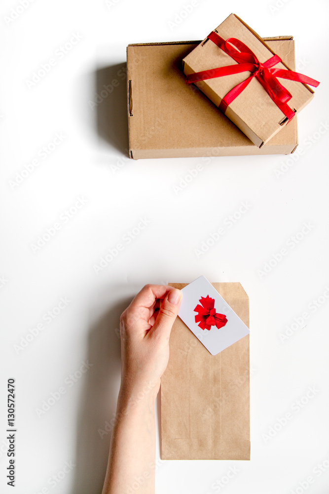 concept of gift cards on white background top view