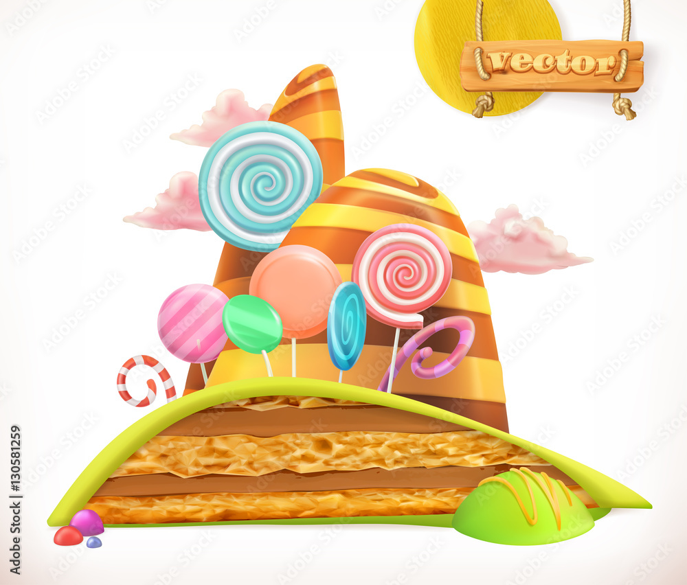 Sweet land. Cake, cupcake, candy. 3d vector icon