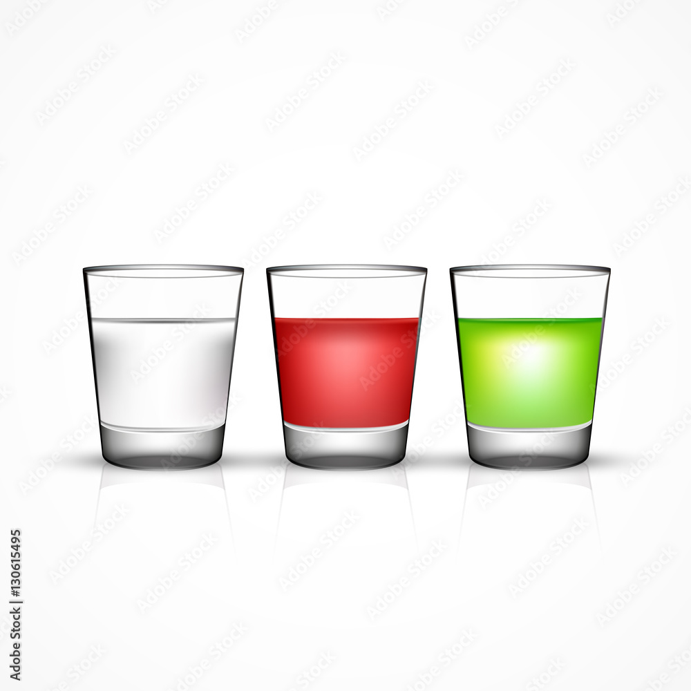 Vector shot glass set with water or vodka and colored cocktails, isolated on white