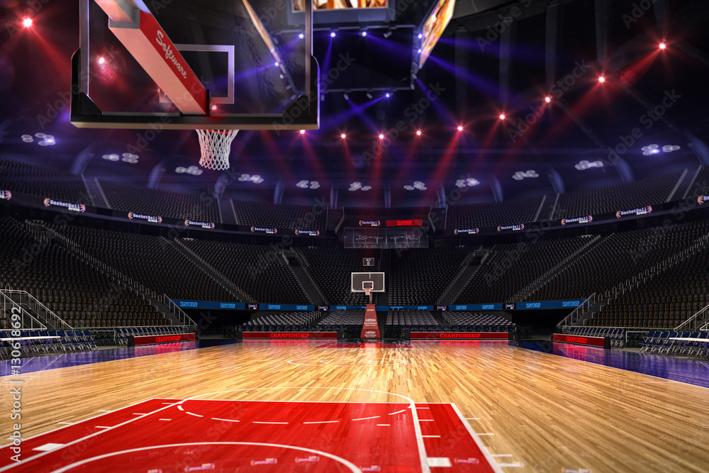 Basketball court. Sport arena.Photoreal 3d render background. blured in long shot distance(like lean