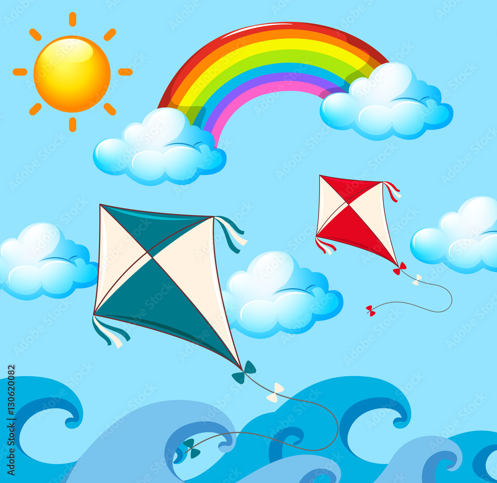 Scene with two kites and rainbow