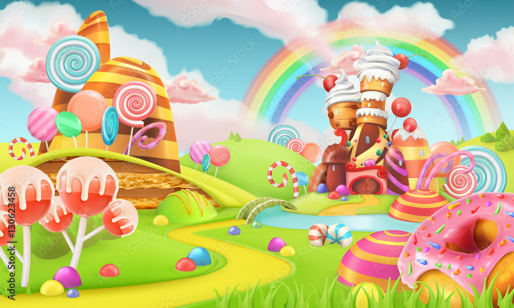 Sweet candy land. Cartoon game background. 3d vector illustration