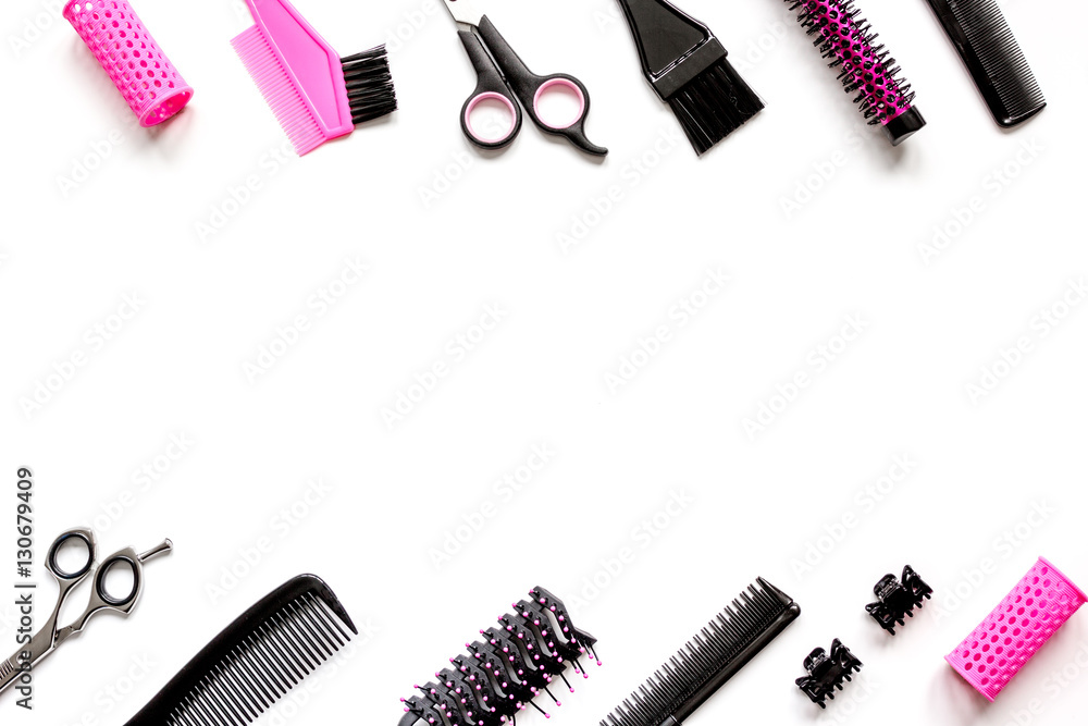 Tools for hair styling on white background top view