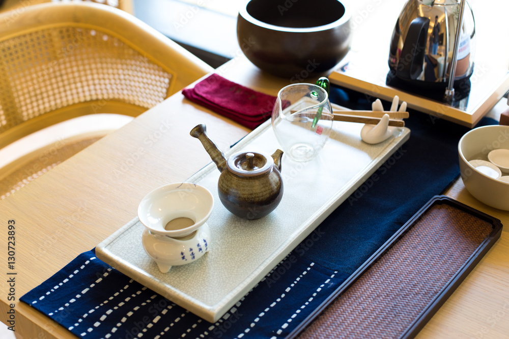 elegant ceramic tea sets on table in modern living room