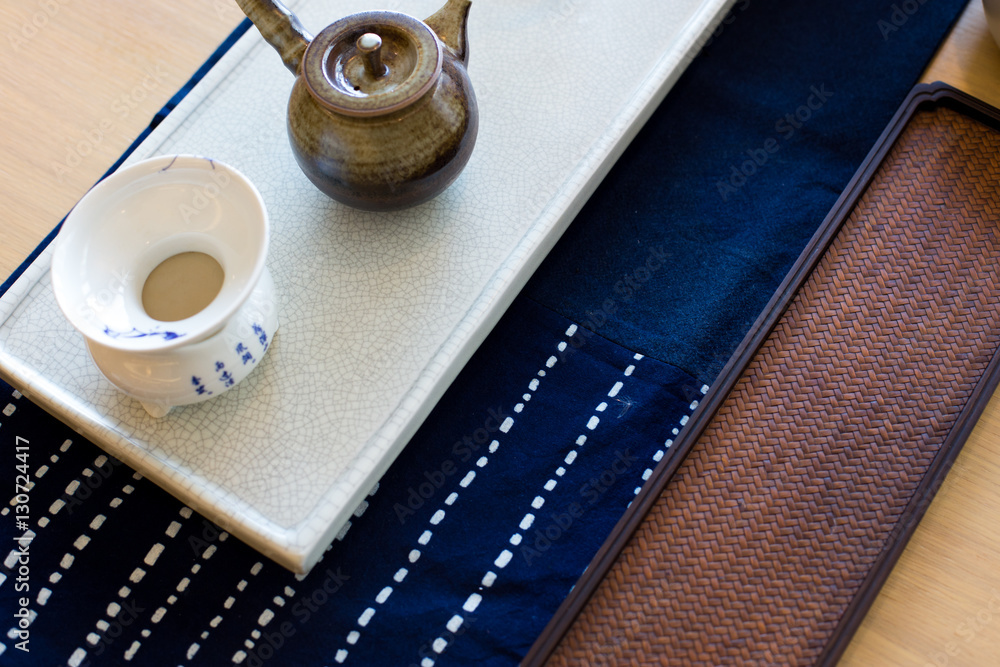 elegant ceramic tea sets on table in modern living room