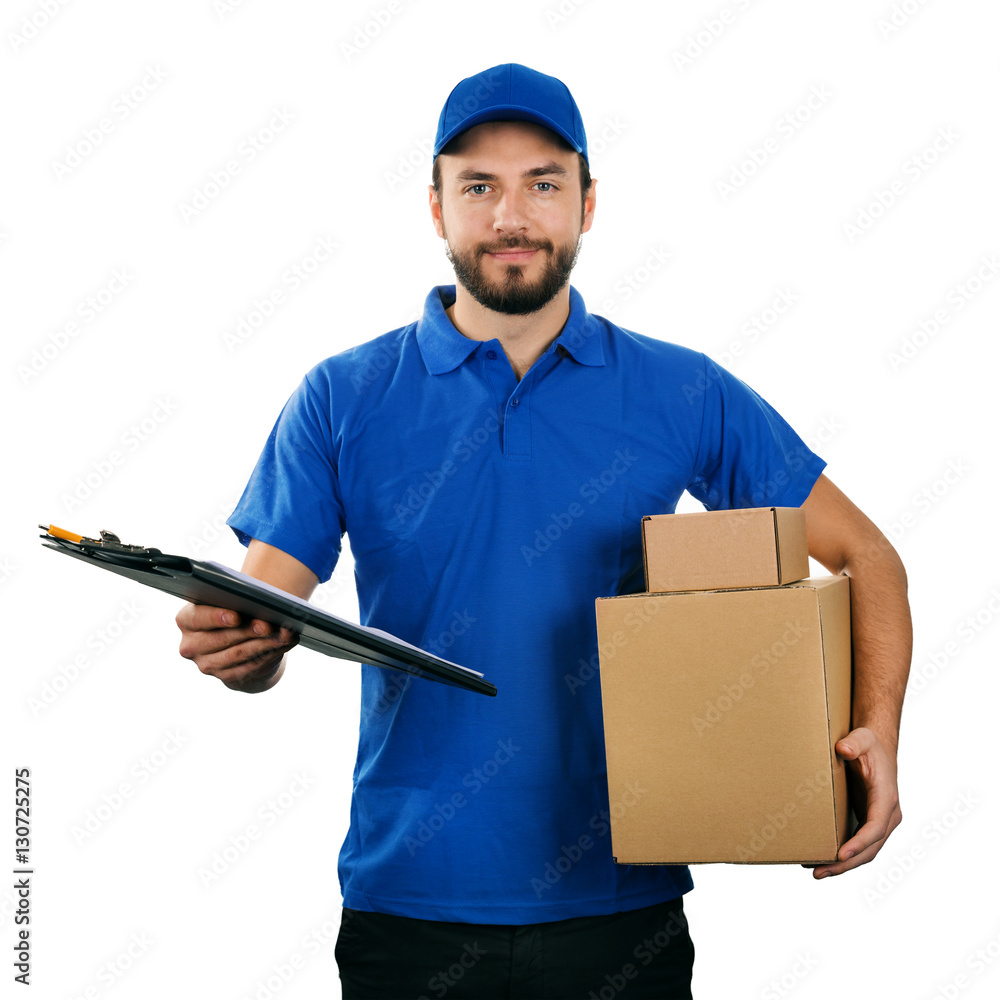 deliveryman with boxes and clipboard isolated on white backgroun