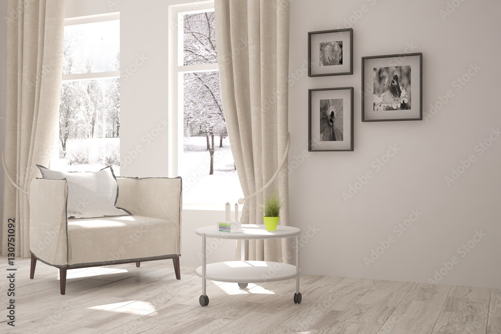 White living room interior with armchair. Scandinavian home design