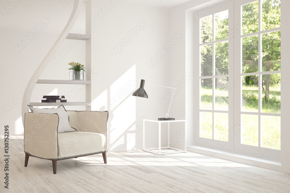 White living room interior with armchair