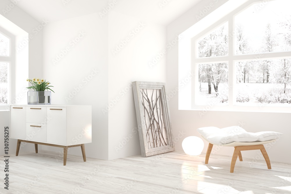 White living room interior with chair