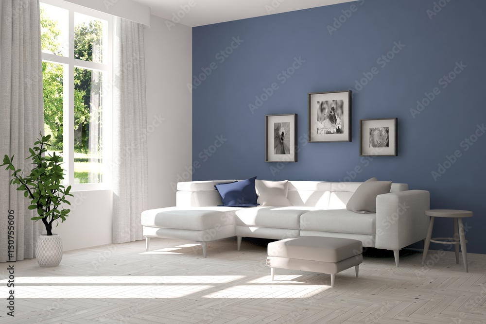 White living room interior with sofa