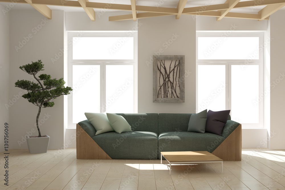 White living room interior with sofa