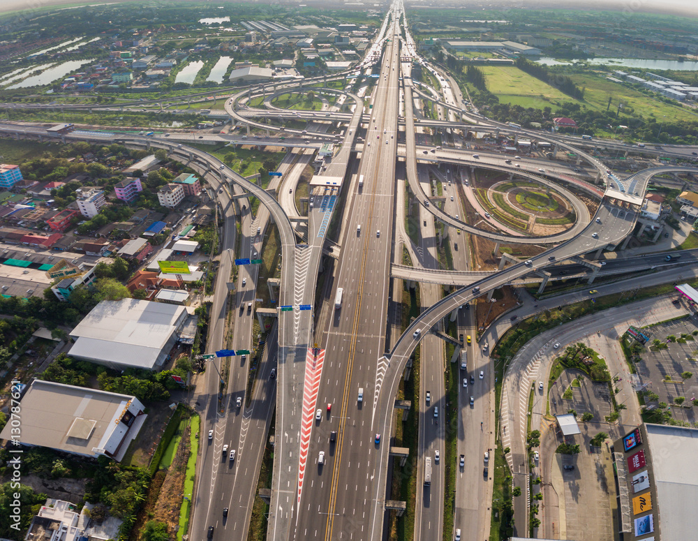 Busy highway junction from aerial view