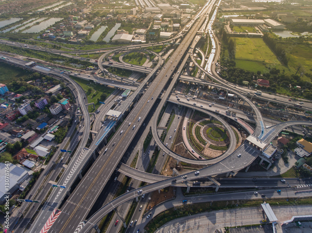 Busy highway junction from aerial view