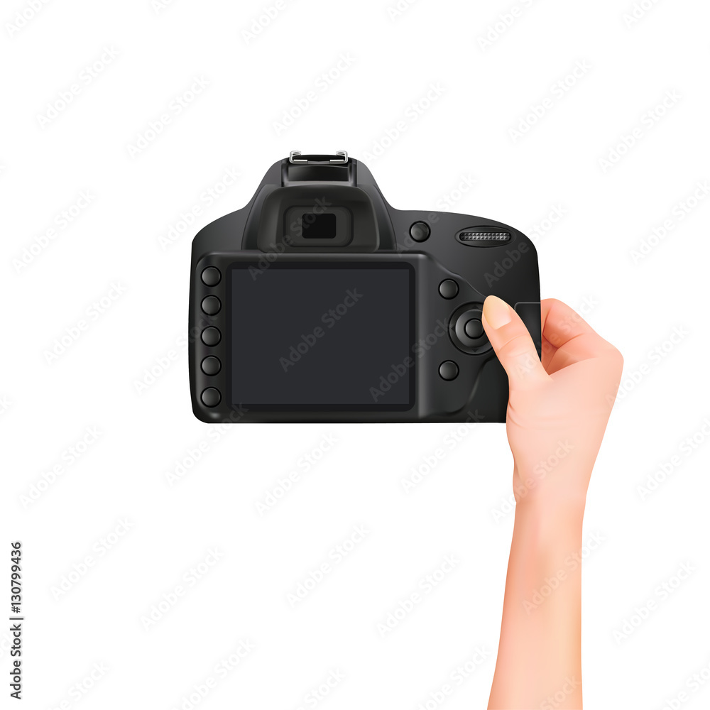 Hands holding the camera on white background