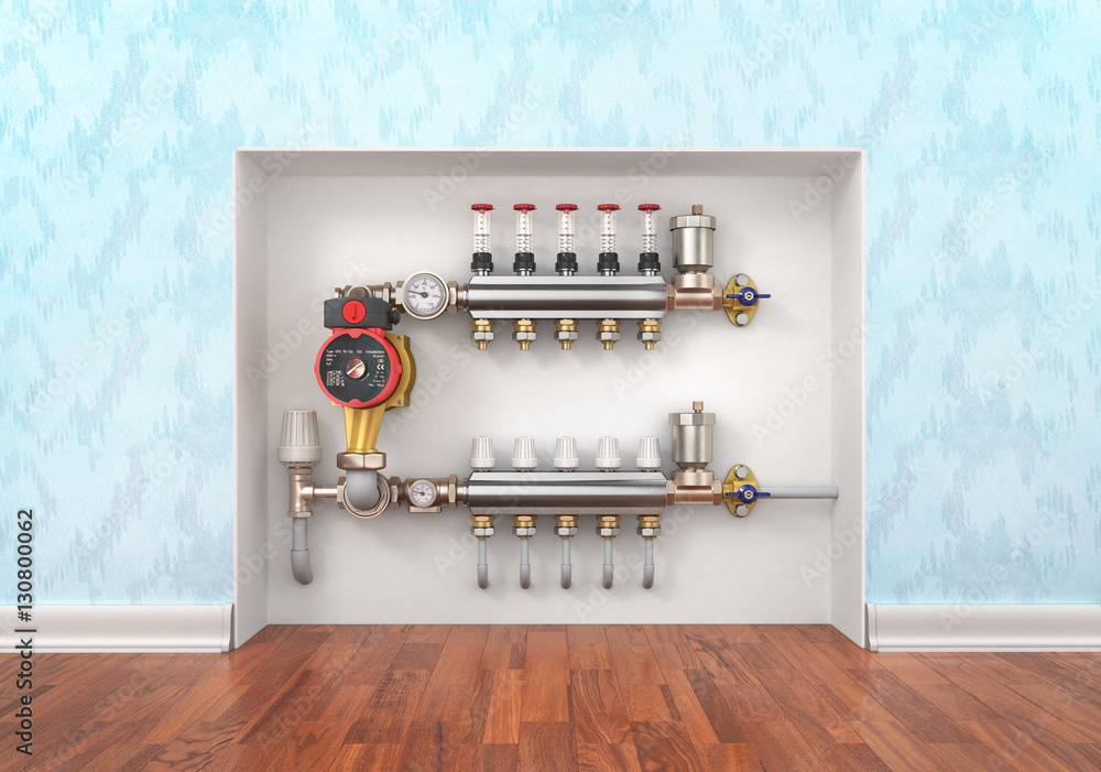 Heating concept. Underfloor heating with collector in the room.