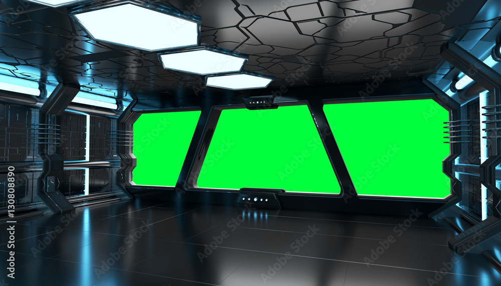 Spaceship blue interior with empty window 3D rendering elements