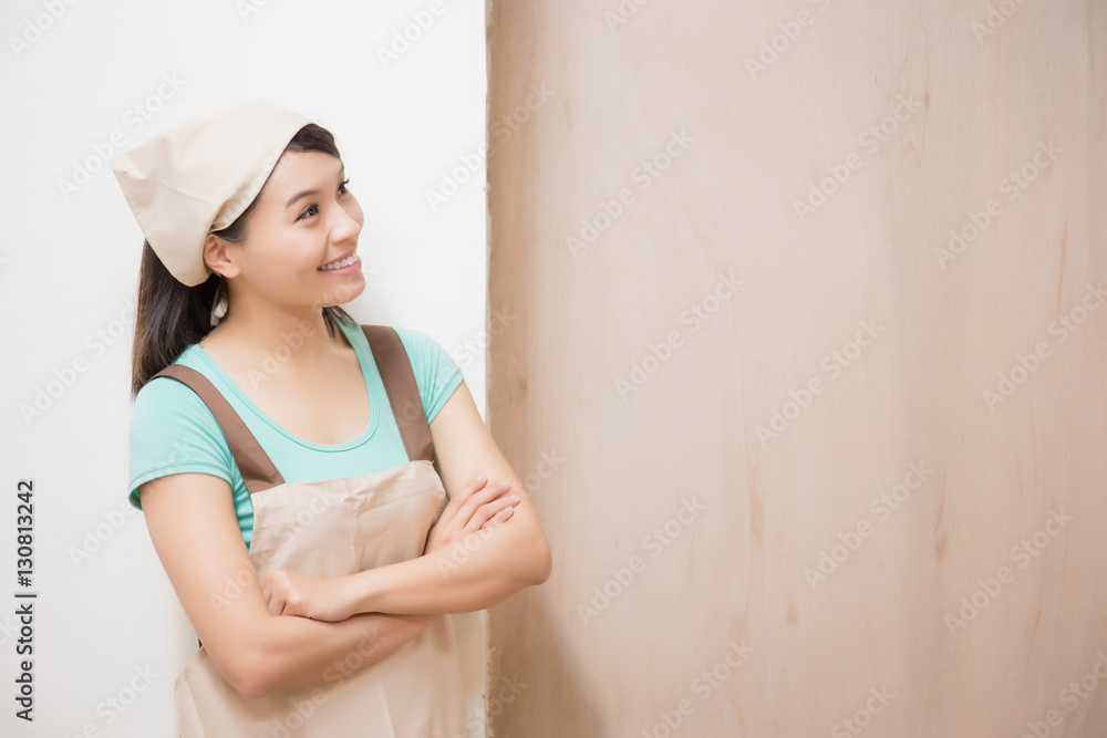 woman woodworking smile happily