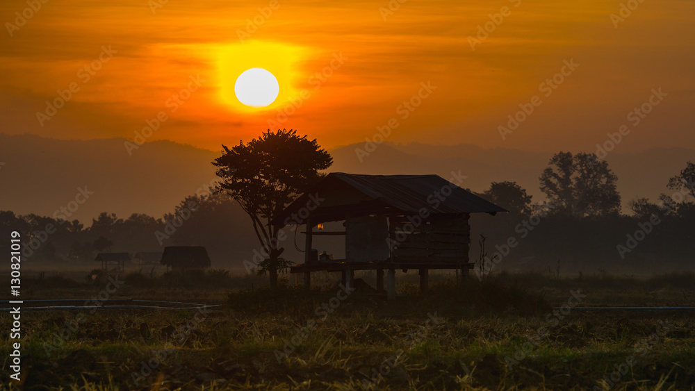 hut in farmland of people in countryside Thailand in morning sunrise.