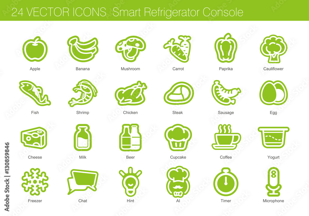 食品、饮料和智能冰箱图标集