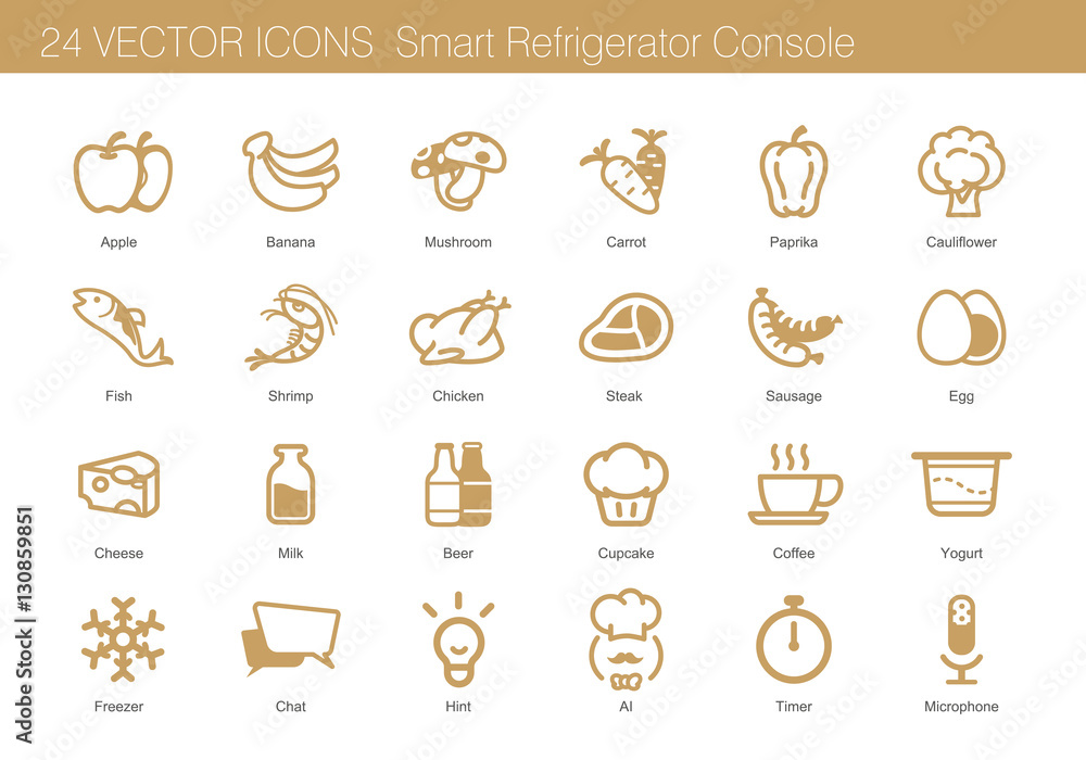 Icon set of food, drink and smart refrigerator