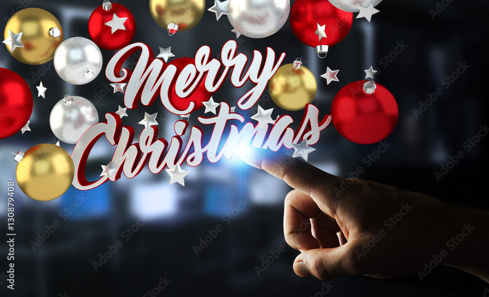 Businessman touching floating christmas message with his finger