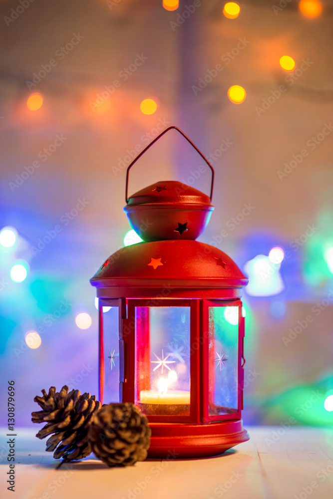 christmas tree light on wooden table.