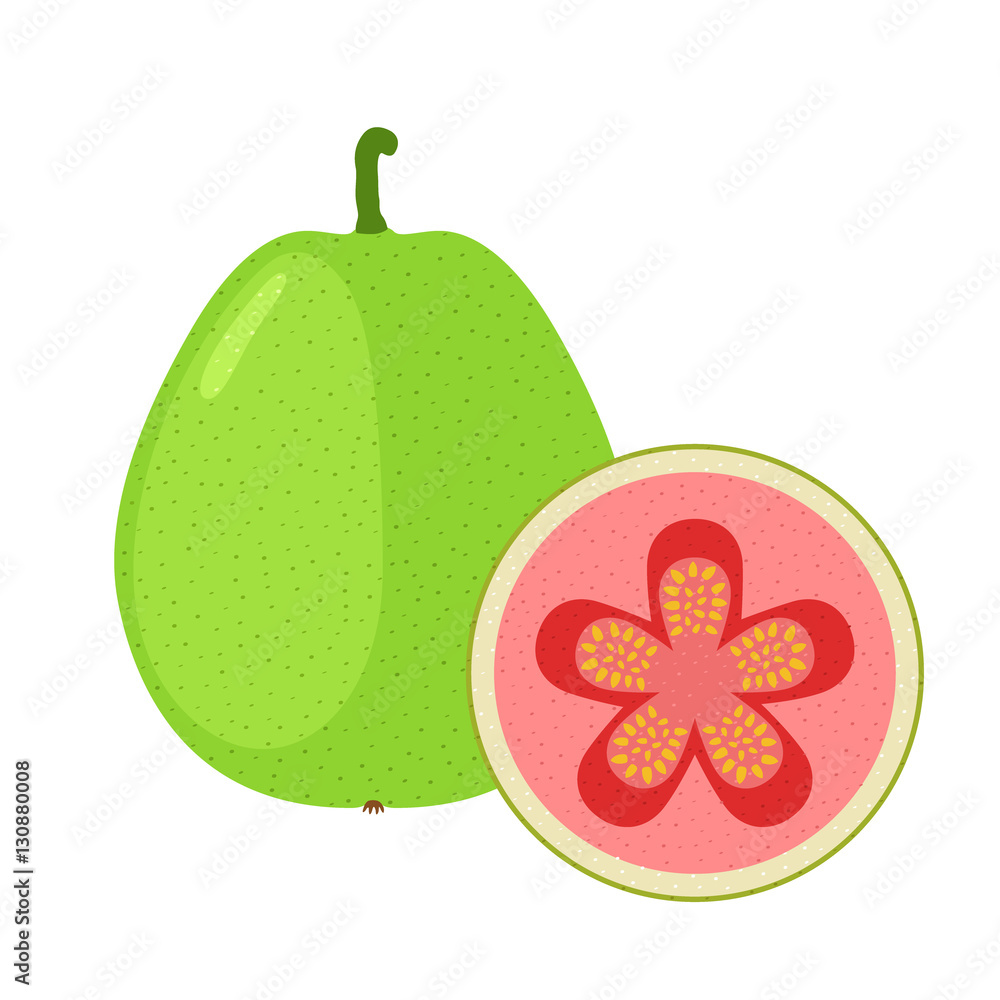 Guava exotic fruit whole, slice in flat cartoon vector style.