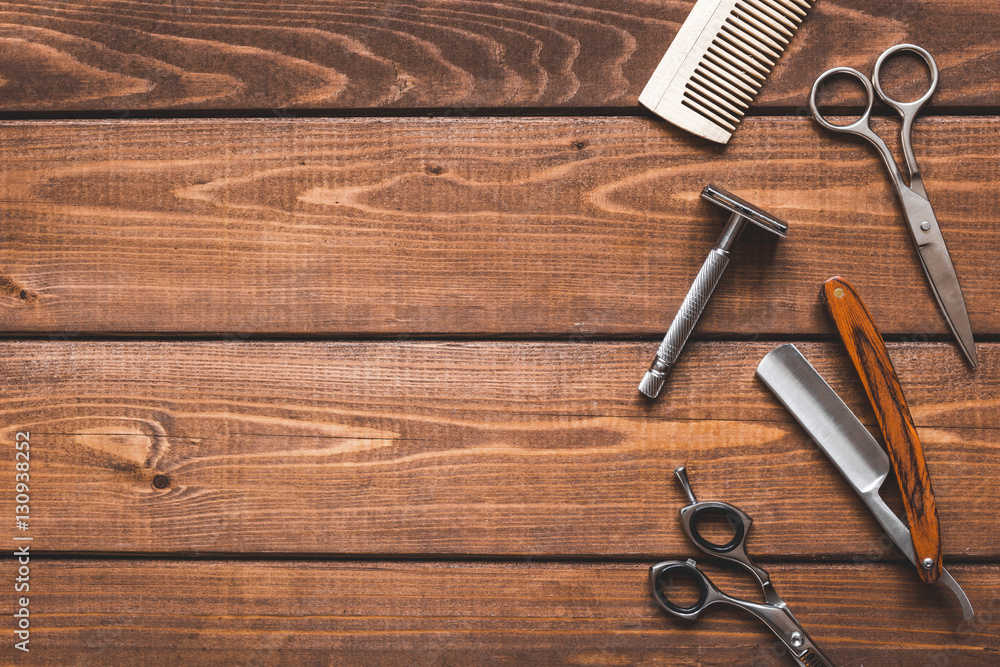 Tools for cutting beard barbershop top view