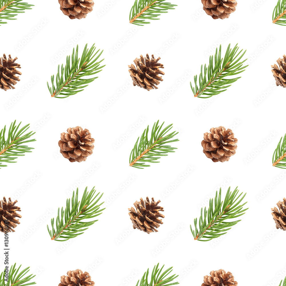 Fir tree branch and pine cones seamless pattern isolated on white background