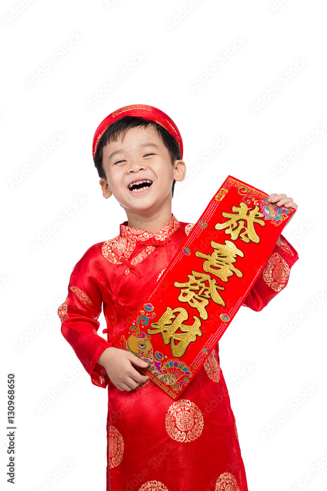 Vietnamese Boy Kid congratulating with his New Year. Happy Lunar