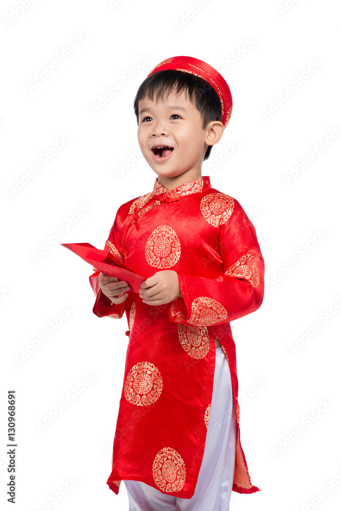 Little Vietnamese boy holding red envelops for Tet. The word mea