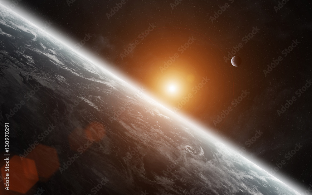 View of the moon close to planet Earth 3D rendering