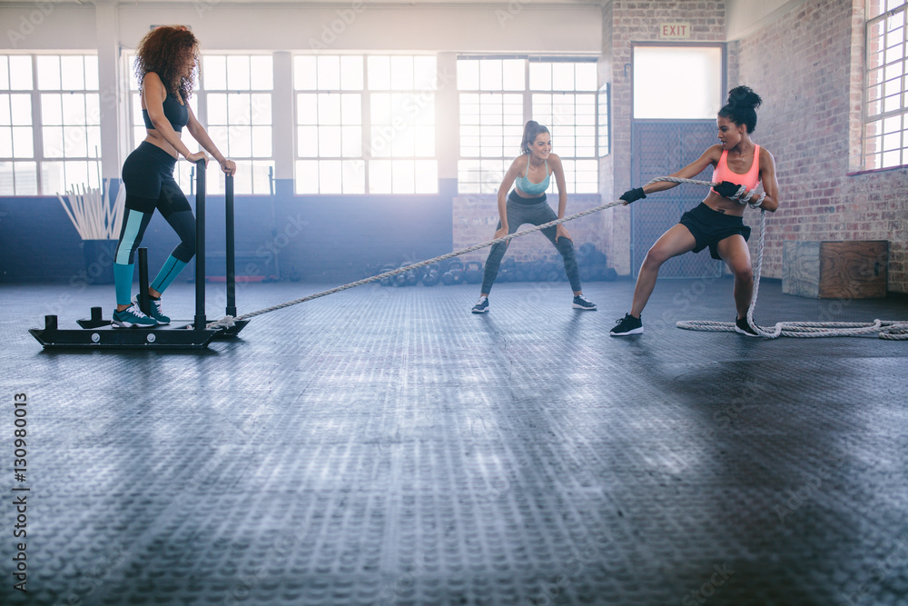 Young females working out at healthclub