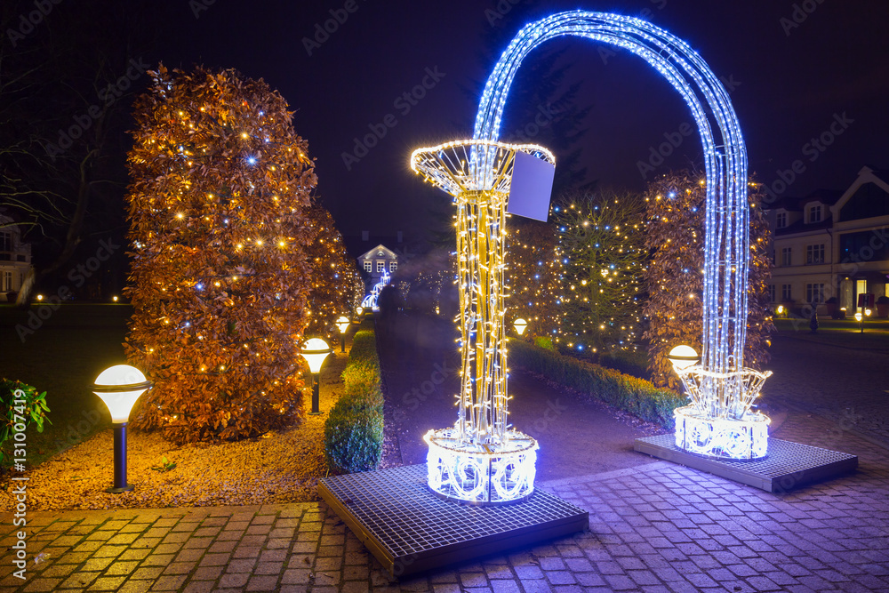 Beautiful Christmas illumination at the park oliwski of Gdansk, Poland